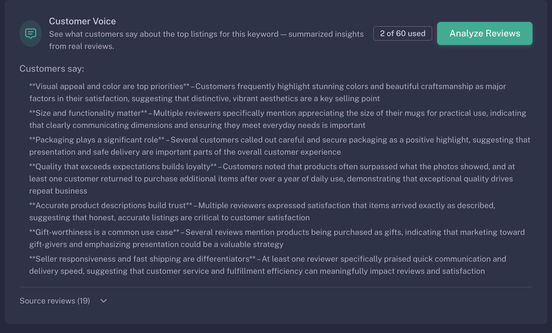 Customer Voice analysis showing size and functionality among returned review themes, with a Source reviews (19) control.